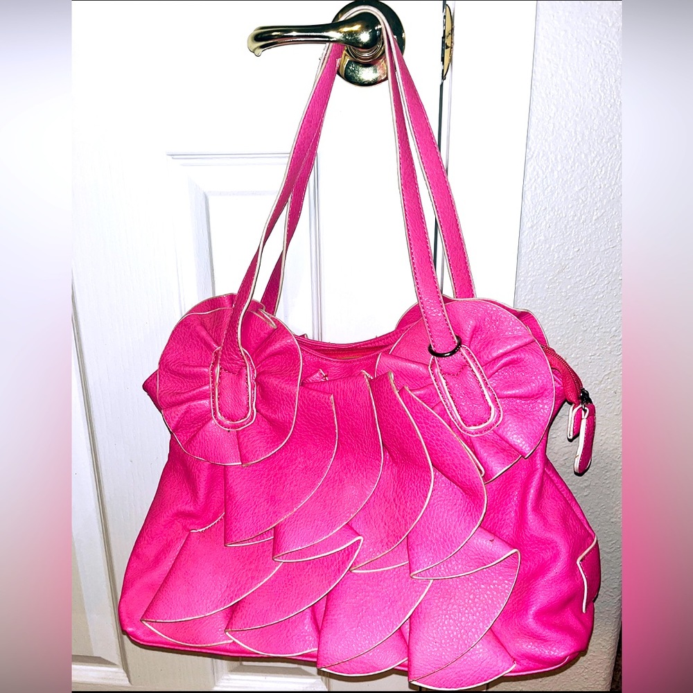 Valentino Like Leather Pink Ruffle Tote With White Trim, Zipper Closure-70’s VTG